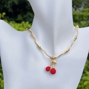 Gold Cherry Pendant Necklace with Red Crystal Cherries - Women Jewelry